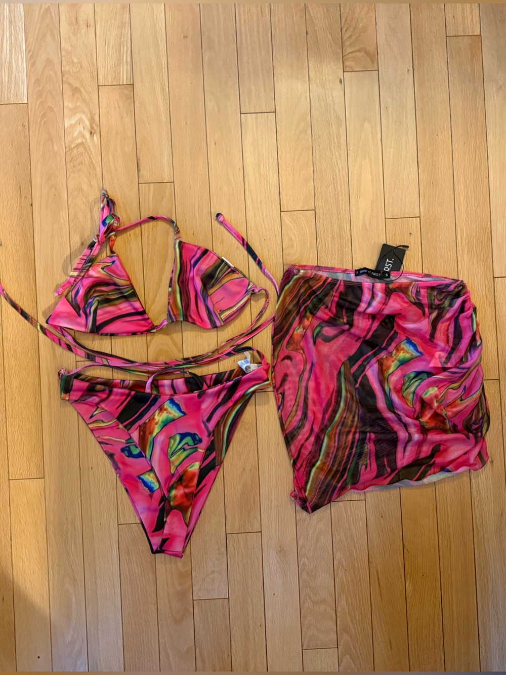 Bright Pink Multicolor Swirl Bikini Set with Cover-Up